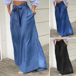 image-Cross-Border 2022 New Women's Pants Amazon Elegant Tied High Waist Wide-Leg Pants Casual plus Size Denim Trousers