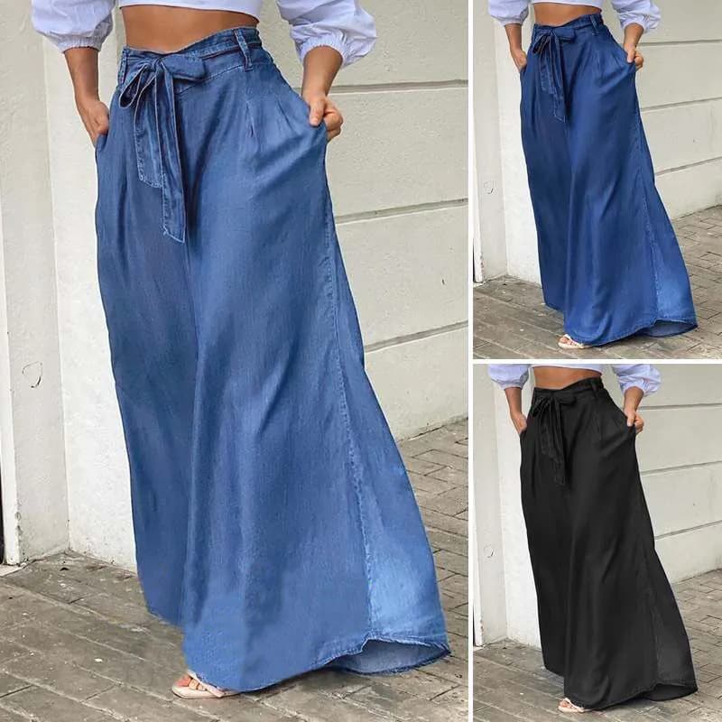 image-Cross-Border 2022 New Women's Pants Amazon Elegant Tied High Waist Wide-Leg Pants Casual plus Size Denim Trousers