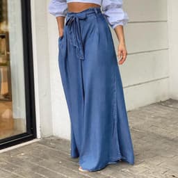 image-Cross-Border 2022 New Women's Pants Amazon Elegant Tied High Waist Wide-Leg Pants Casual plus Size Denim Trousers