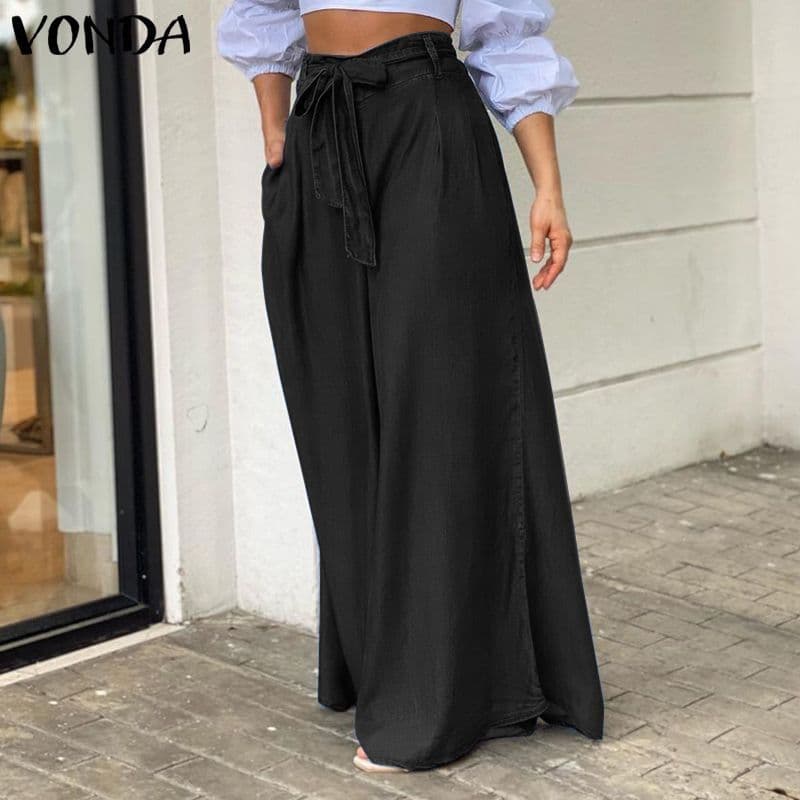 image-Cross-Border 2022 New Women's Pants Amazon Elegant Tied High Waist Wide-Leg Pants Casual plus Size Denim Trousers