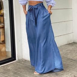 image-Cross-Border 2022 New Women's Pants Amazon Elegant Tied High Waist Wide-Leg Pants Casual plus Size Denim Trousers