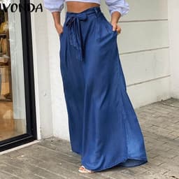 image-Cross-Border 2022 New Women's Pants Amazon Elegant Tied High Waist Wide-Leg Pants Casual plus Size Denim Trousers