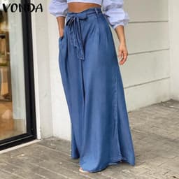image-Cross-Border 2022 New Women's Pants Amazon Elegant Tied High Waist Wide-Leg Pants Casual plus Size Denim Trousers