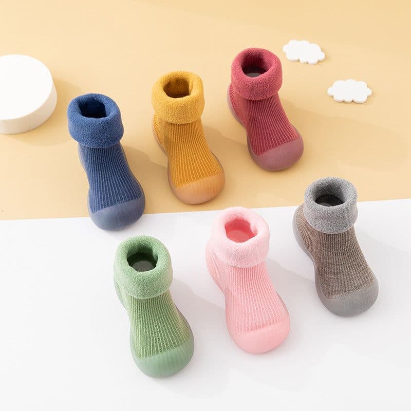 image-Fall/winter baby solid color soft-soled non-slip toddler shoes children's mid-tube indoor snow warm socks shoes plus velvet thickening