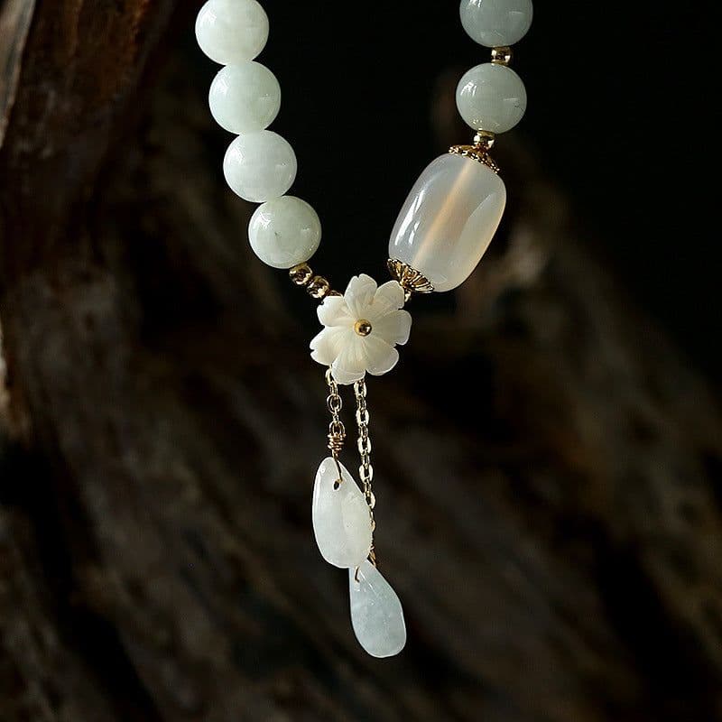 image-Original design natural jade bracelet 14K gold female model hanging natural shell flower jade water drop bracelet