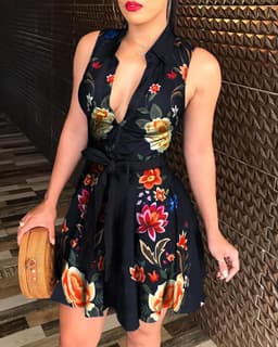 image-V-neck Strap Mini Dress with Print