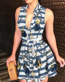 image-V-neck Strap Mini Dress with Print