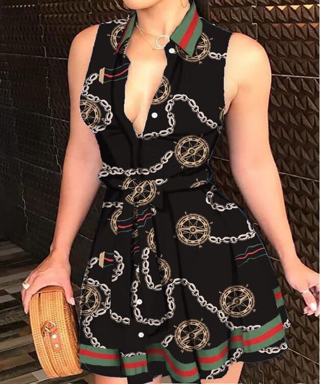 image-V-neck Strap Mini Dress with Print