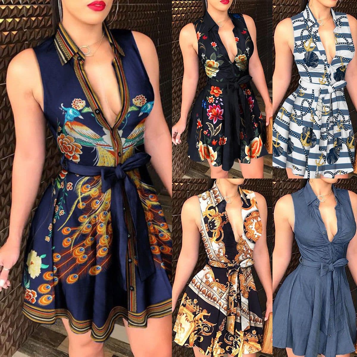 image-V-neck Strap Mini Dress with Print