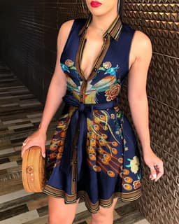 image-V-neck Strap Mini Dress with Print