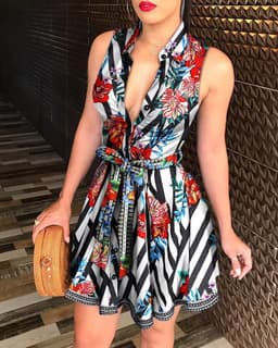 image-V-neck Strap Mini Dress with Print