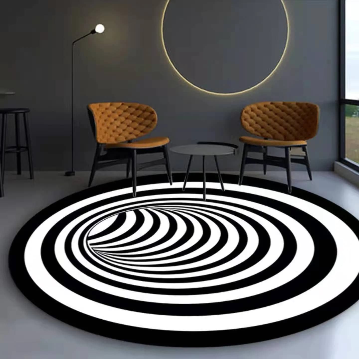 image-Cross-border 3D stereo black and white checkered vertigo carpet living room sofa coffee table mat illusion net celebrity creative circular floor mat