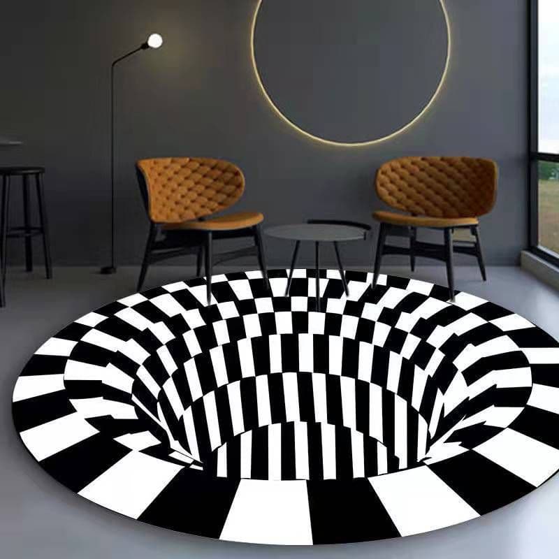 image-Cross-border 3D stereo black and white checkered vertigo carpet living room sofa coffee table mat illusion net celebrity creative circular floor mat