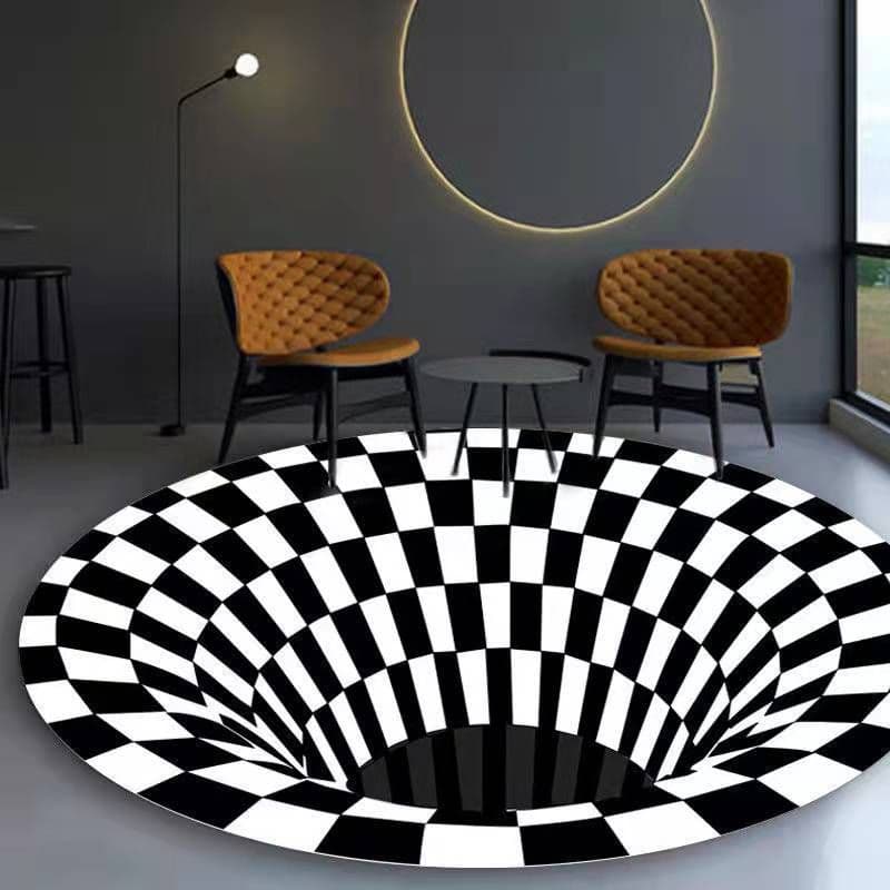 image-Cross-border 3D stereo black and white checkered vertigo carpet living room sofa coffee table mat illusion net celebrity creative circular floor mat