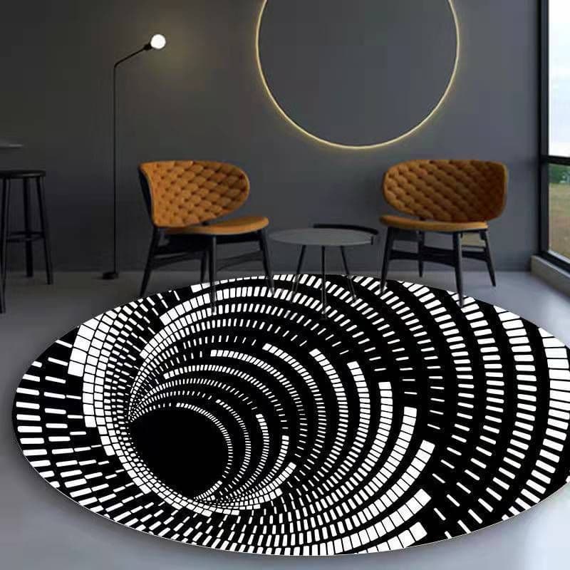 image-Cross-border 3D stereo black and white checkered vertigo carpet living room sofa coffee table mat illusion net celebrity creative circular floor mat