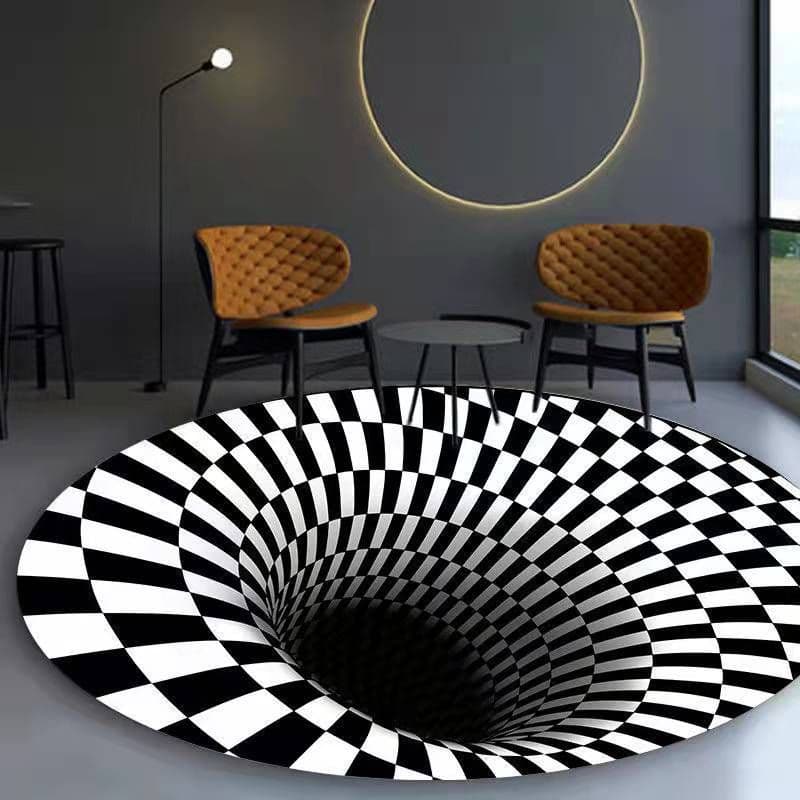 image-Cross-border 3D stereo black and white checkered vertigo carpet living room sofa coffee table mat illusion net celebrity creative circular floor mat