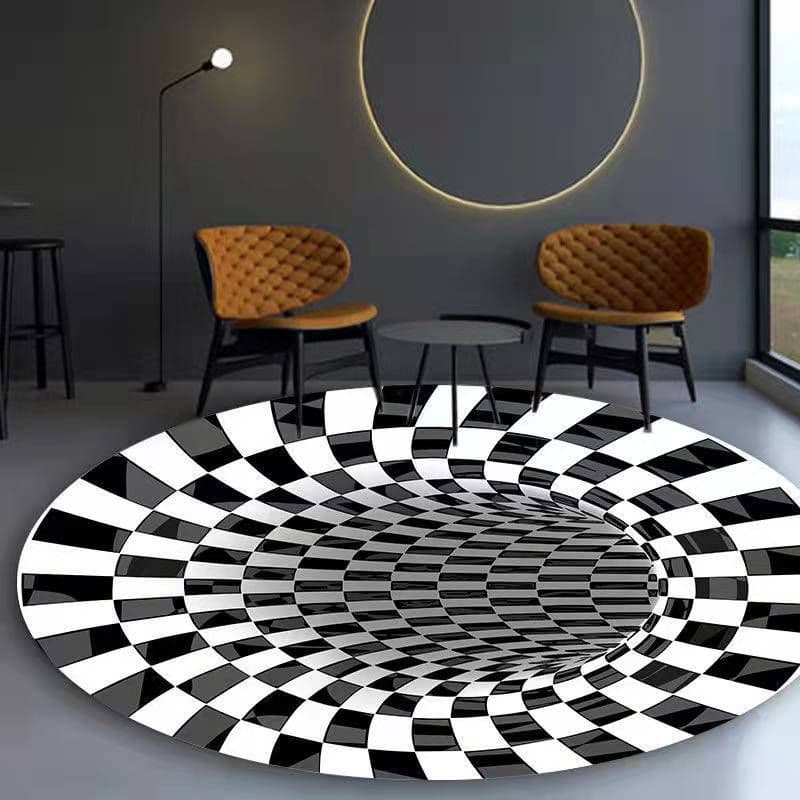 image-Cross-border 3D stereo black and white checkered vertigo carpet living room sofa coffee table mat illusion net celebrity creative circular floor mat