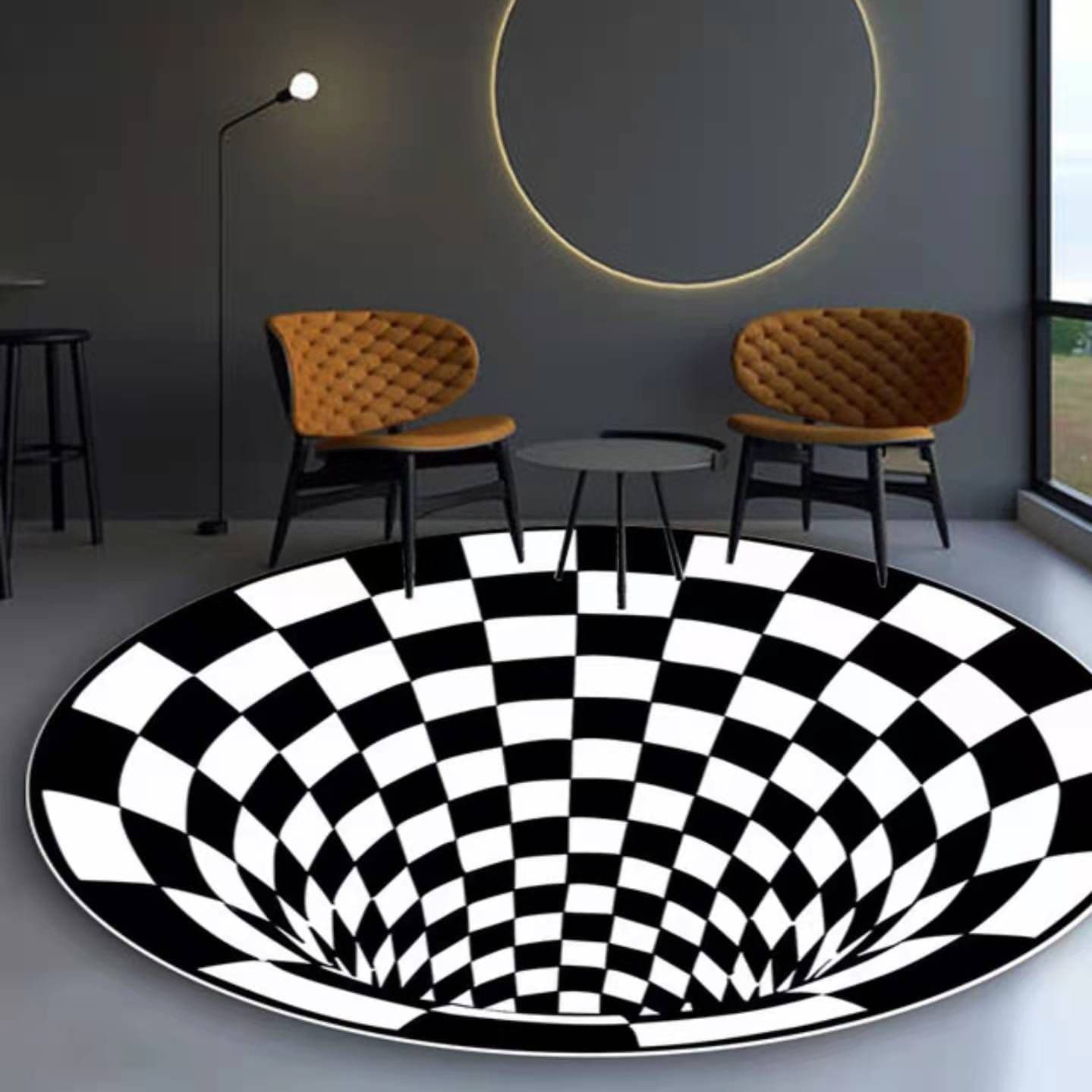 image-Cross-border 3D stereo black and white checkered vertigo carpet living room sofa coffee table mat illusion net celebrity creative circular floor mat