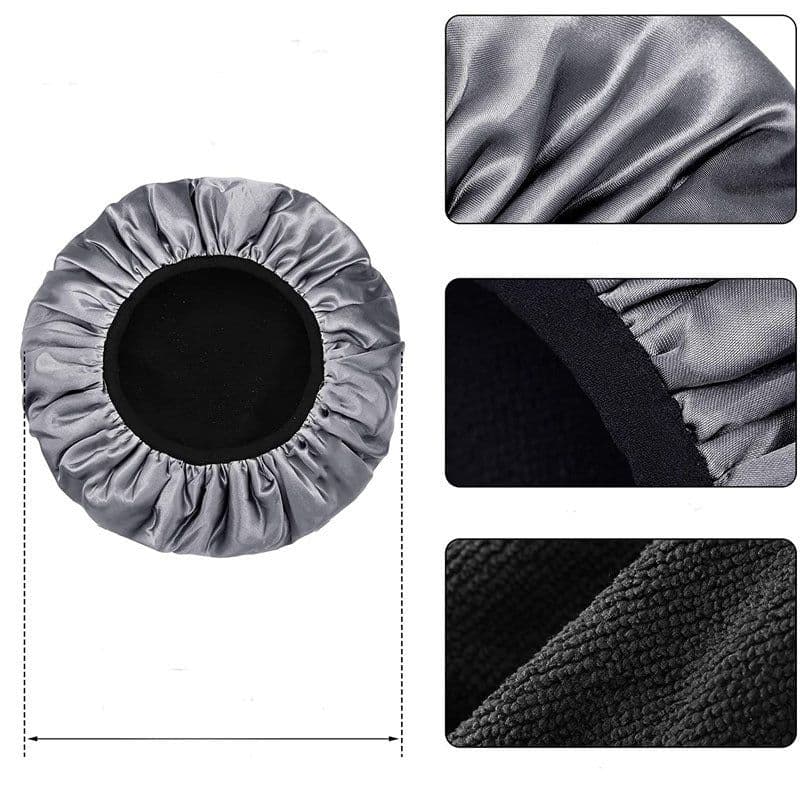 image-(MOQ=100PCS for each color)Amazon 2020 new double layer ladies shower cap waterproof satin fabric fiber absorbent fabric dry hair cap can be customized