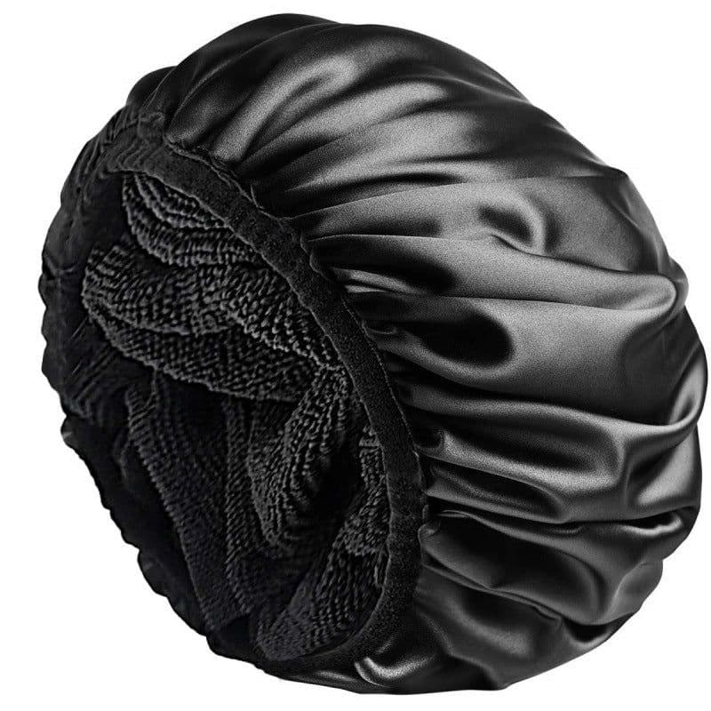 image-(MOQ=100PCS for each color)Amazon 2020 new double layer ladies shower cap waterproof satin fabric fiber absorbent fabric dry hair cap can be customized