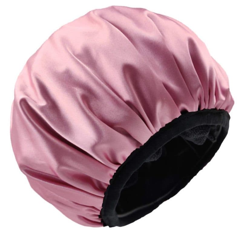 image-(MOQ=100PCS for each color)Amazon 2020 new double layer ladies shower cap waterproof satin fabric fiber absorbent fabric dry hair cap can be customized