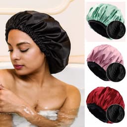 image-(MOQ=100PCS for each color)Amazon 2020 new double layer ladies shower cap waterproof satin fabric fiber absorbent fabric dry hair cap can be customized