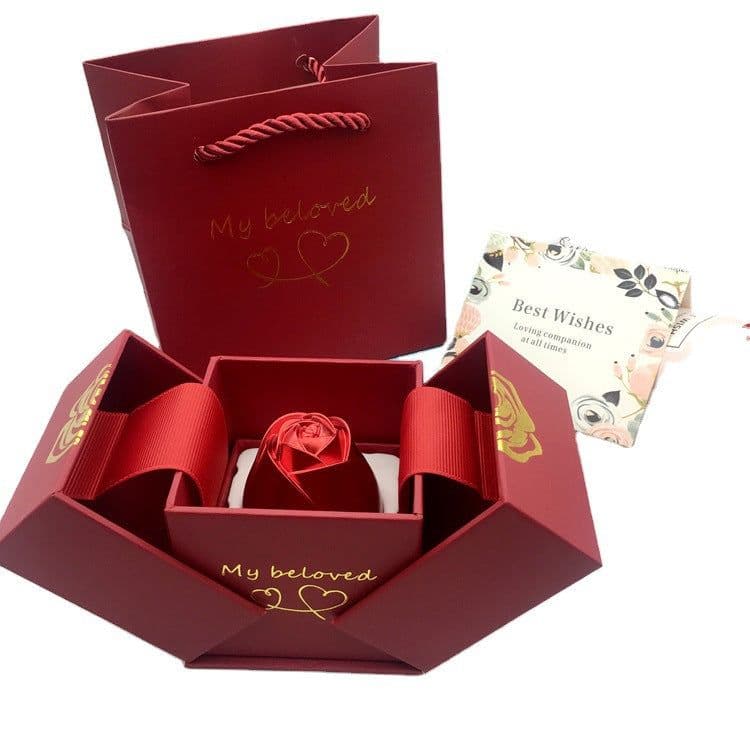 image-Rose Flower Customized Gift Box Metal Red Jewelry Ring Box Necklace Box Creative Lifting Gift Box