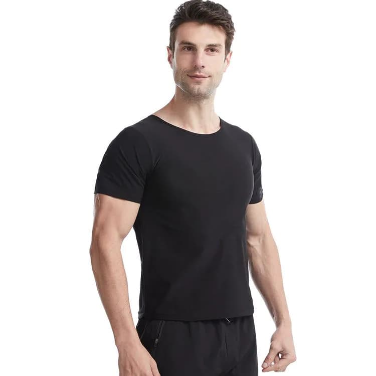 image-Amazon men's shapewear all-inclusive silver coated short-sleeved black round neck yoga sauna suit