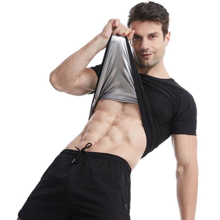 image-Amazon men's shapewear all-inclusive silver coated short-sleeved black round neck yoga sauna suit
