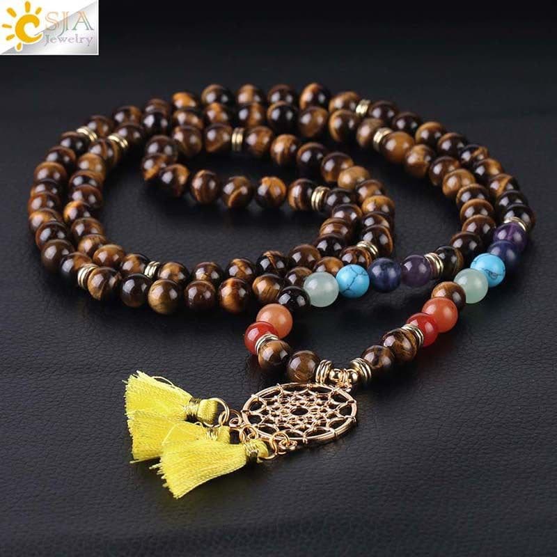 image-Indian Gold Plated Dream Catcher Bracelet 108 Rosary Bracelet Natural Crystal Stone Seven Chakra Yoga Bracelet