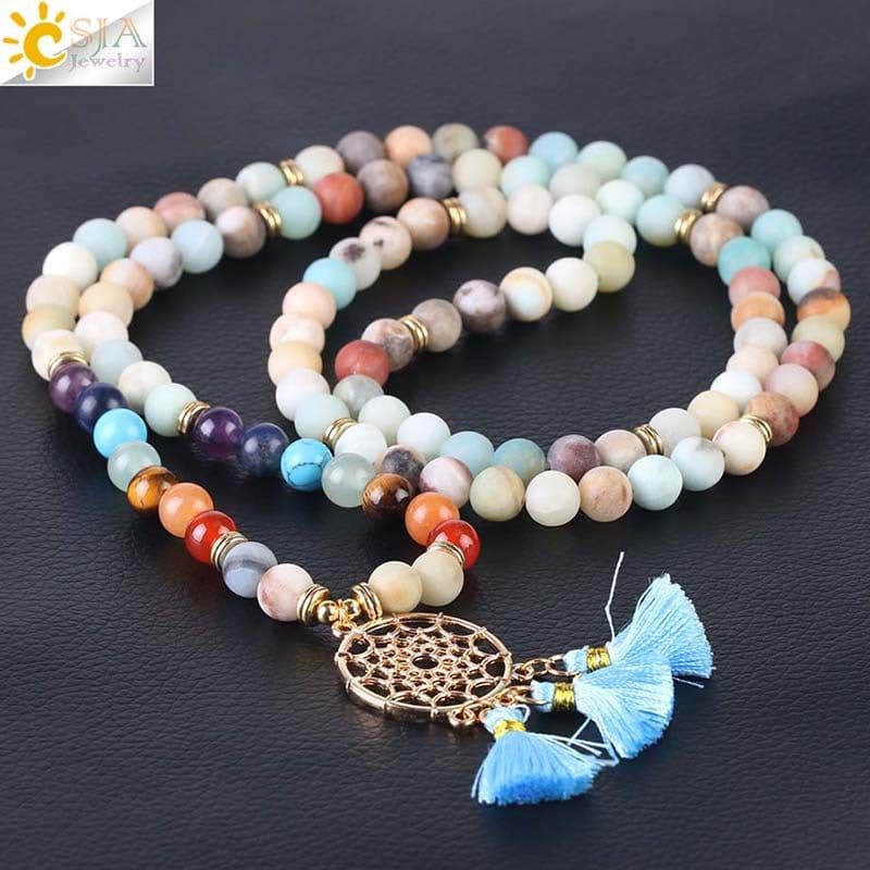 image-Indian Gold Plated Dream Catcher Bracelet 108 Rosary Bracelet Natural Crystal Stone Seven Chakra Yoga Bracelet
