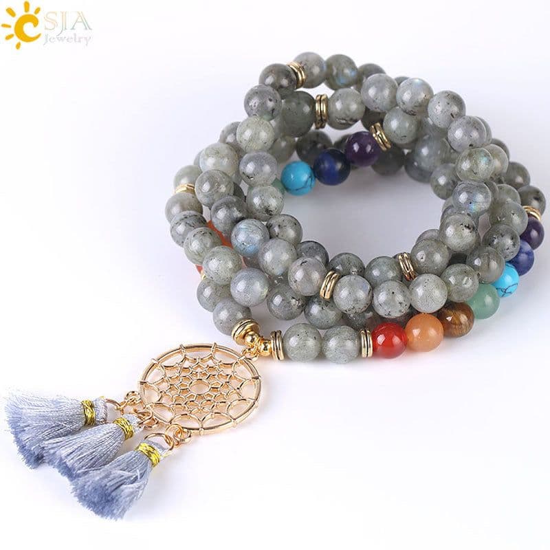 image-Indian Gold Plated Dream Catcher Bracelet 108 Rosary Bracelet Natural Crystal Stone Seven Chakra Yoga Bracelet