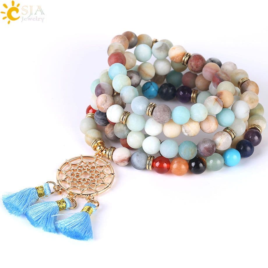 image-Indian Gold Plated Dream Catcher Bracelet 108 Rosary Bracelet Natural Crystal Stone Seven Chakra Yoga Bracelet