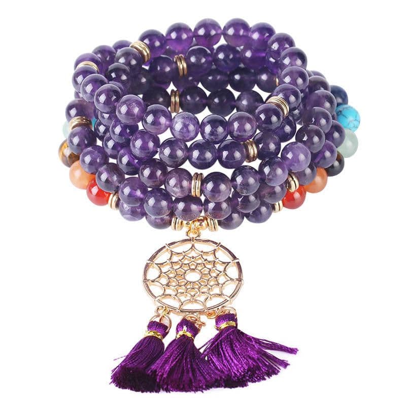 image-Indian Gold Plated Dream Catcher Bracelet 108 Rosary Bracelet Natural Crystal Stone Seven Chakra Yoga Bracelet