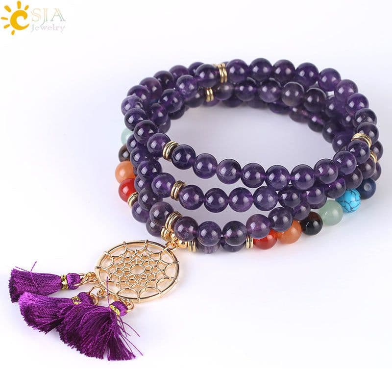 image-Indian Gold Plated Dream Catcher Bracelet 108 Rosary Bracelet Natural Crystal Stone Seven Chakra Yoga Bracelet