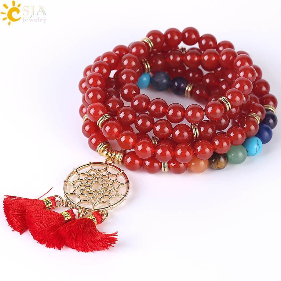 image-Indian Gold Plated Dream Catcher Bracelet 108 Rosary Bracelet Natural Crystal Stone Seven Chakra Yoga Bracelet