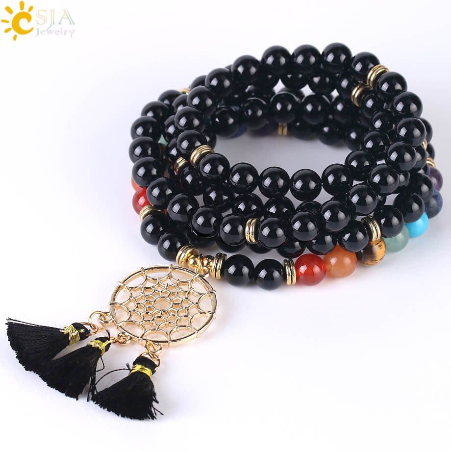 image-Indian Gold Plated Dream Catcher Bracelet 108 Rosary Bracelet Natural Crystal Stone Seven Chakra Yoga Bracelet