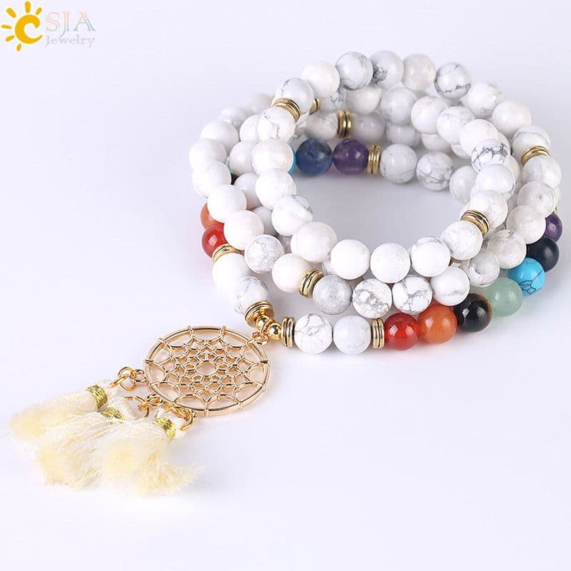 image-Indian Gold Plated Dream Catcher Bracelet 108 Rosary Bracelet Natural Crystal Stone Seven Chakra Yoga Bracelet