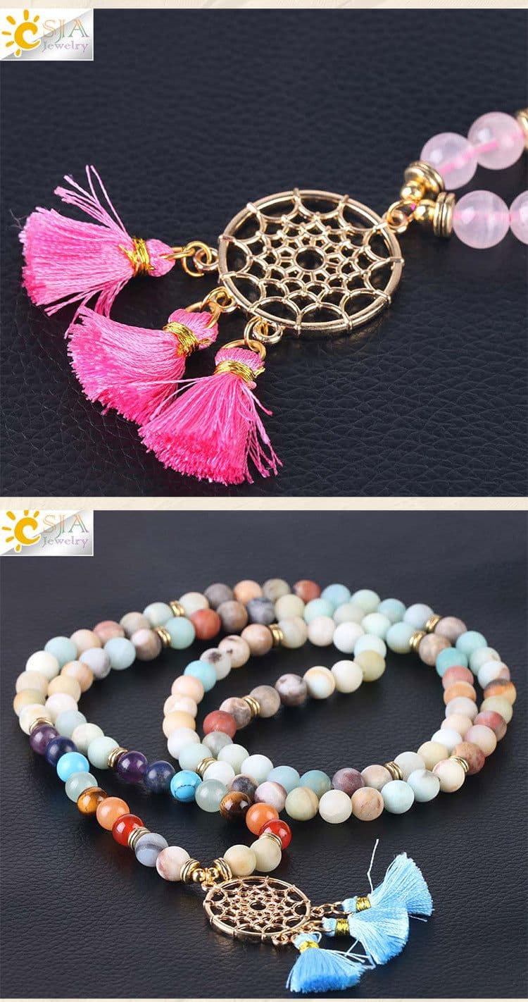image-Indian Gold Plated Dream Catcher Bracelet 108 Rosary Bracelet Natural Crystal Stone Seven Chakra Yoga Bracelet
