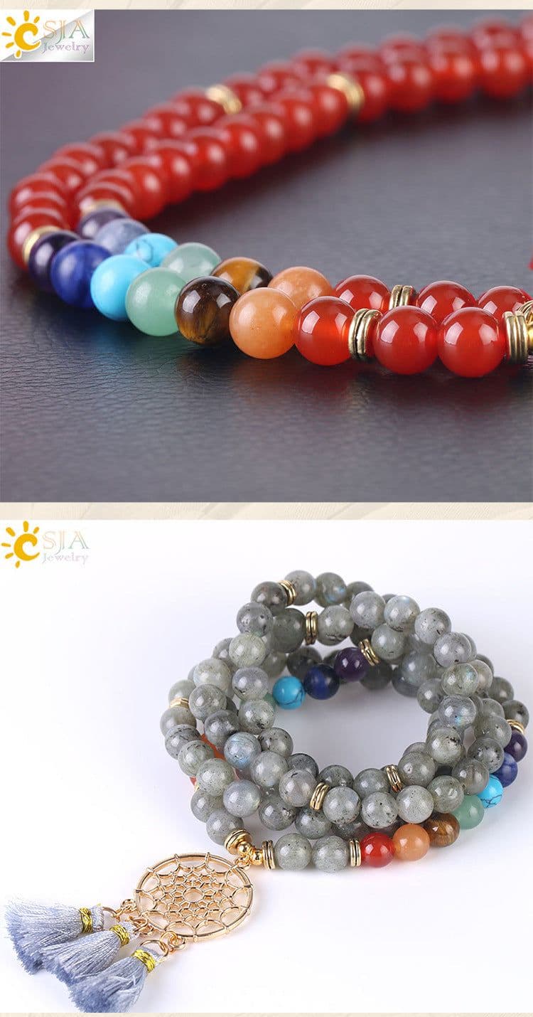 image-Indian Gold Plated Dream Catcher Bracelet 108 Rosary Bracelet Natural Crystal Stone Seven Chakra Yoga Bracelet