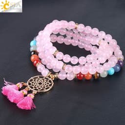 image-Indian Gold Plated Dream Catcher Bracelet 108 Rosary Bracelet Natural Crystal Stone Seven Chakra Yoga Bracelet