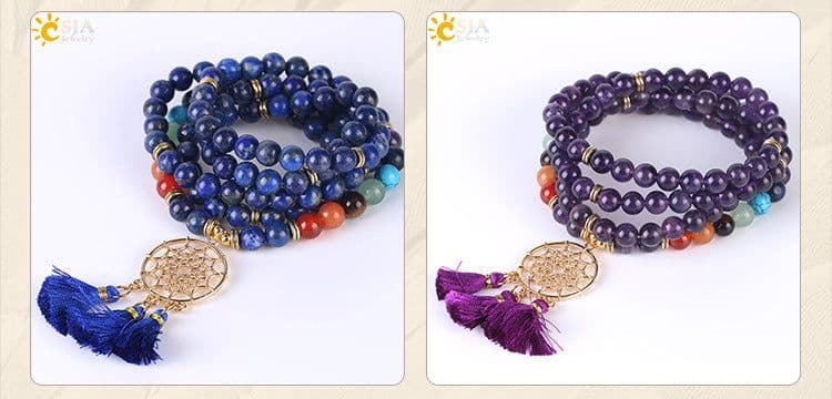 image-Indian Gold Plated Dream Catcher Bracelet 108 Rosary Bracelet Natural Crystal Stone Seven Chakra Yoga Bracelet
