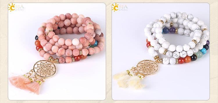 image-Indian Gold Plated Dream Catcher Bracelet 108 Rosary Bracelet Natural Crystal Stone Seven Chakra Yoga Bracelet