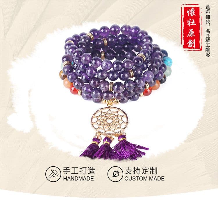 image-Indian Gold Plated Dream Catcher Bracelet 108 Rosary Bracelet Natural Crystal Stone Seven Chakra Yoga Bracelet
