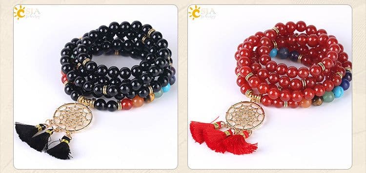 image-Indian Gold Plated Dream Catcher Bracelet 108 Rosary Bracelet Natural Crystal Stone Seven Chakra Yoga Bracelet