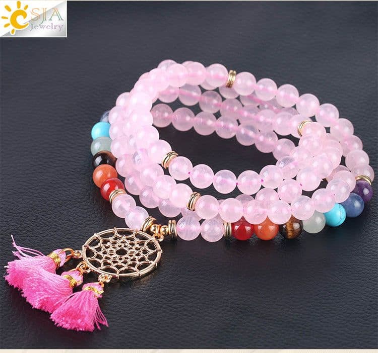 image-Indian Gold Plated Dream Catcher Bracelet 108 Rosary Bracelet Natural Crystal Stone Seven Chakra Yoga Bracelet