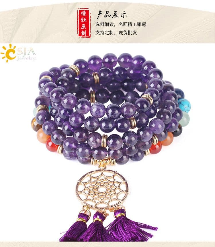image-Indian Gold Plated Dream Catcher Bracelet 108 Rosary Bracelet Natural Crystal Stone Seven Chakra Yoga Bracelet