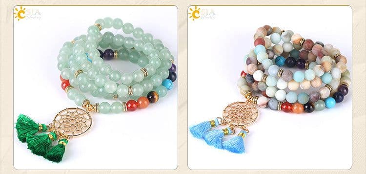 image-Indian Gold Plated Dream Catcher Bracelet 108 Rosary Bracelet Natural Crystal Stone Seven Chakra Yoga Bracelet