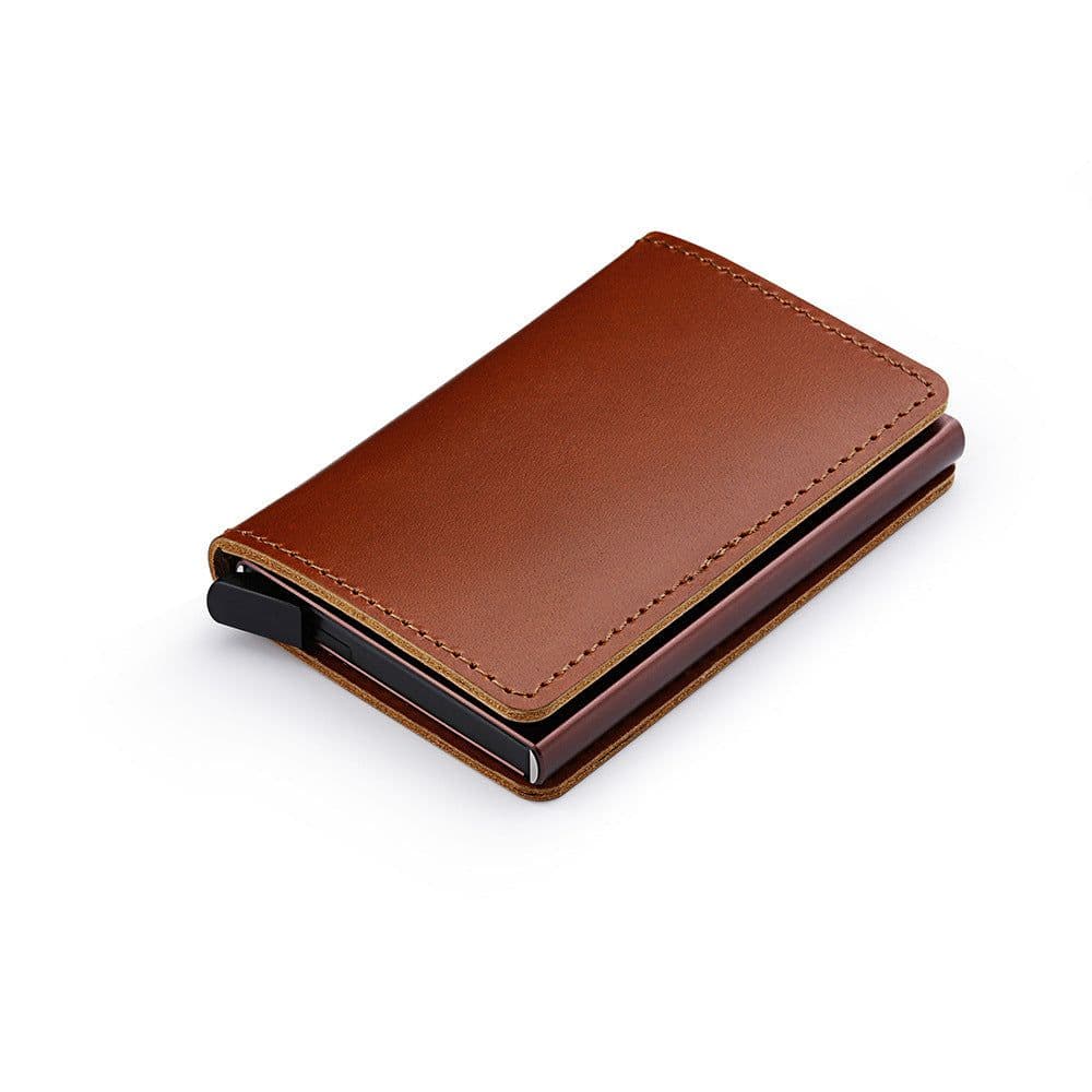 image-Casekey Blue Genuine Leather Wallet Credit Card Holder Metal with RFID Blocking Slim Stainless Card Case Wallet for Men Women