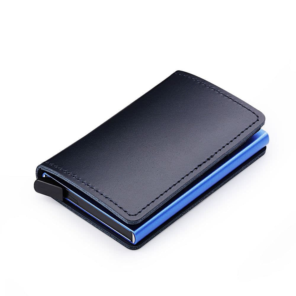 image-Casekey Blue Genuine Leather Wallet Credit Card Holder Metal with RFID Blocking Slim Stainless Card Case Wallet for Men Women